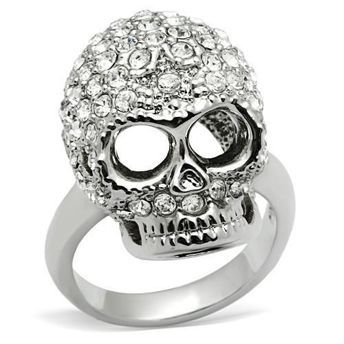 3W008 - Rhodium White Metal Skull Ring with Top Grade Crystal in Clear
