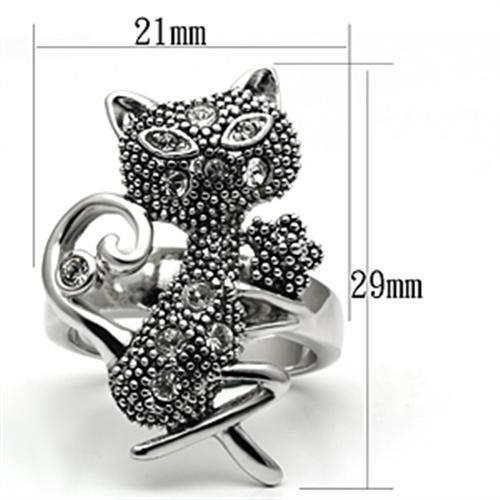 3W036 - Rhodium Brass Cat Ring with Top Grade Crystal in Clear