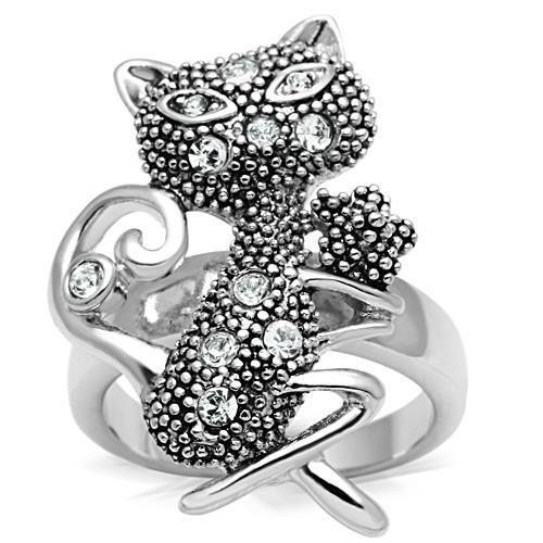 3W036 - Rhodium Brass Cat Ring with Top Grade Crystal in Clear