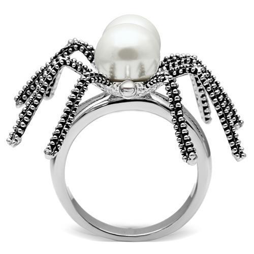 3W226 - Rhodium Brass Spider Ring with Synthetic Pearl in White