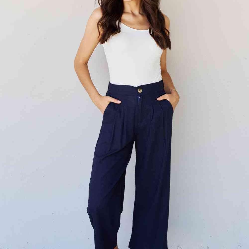 And The Why In The Mix Full Size Pleated Detail Linen Pants in Dark Navy