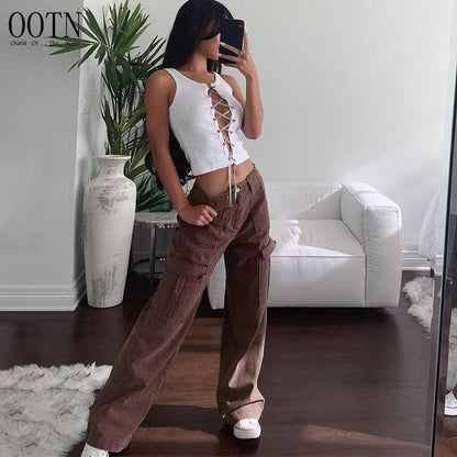 Autumn Overalls Baggy Straight Jeans Oversized Women's Fashion Low Waist Trousers Vintage 90S Cargo Pants