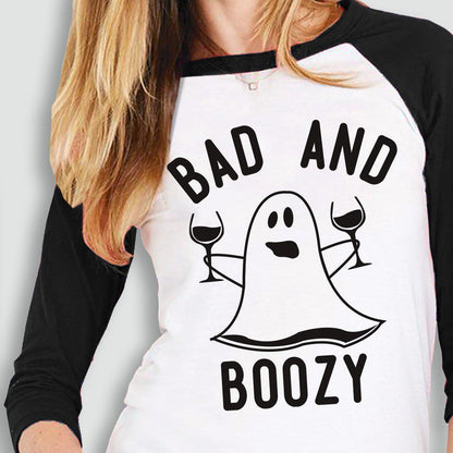 BAD & BOOZY Ghost Glasses Halloween Baseball Tee -