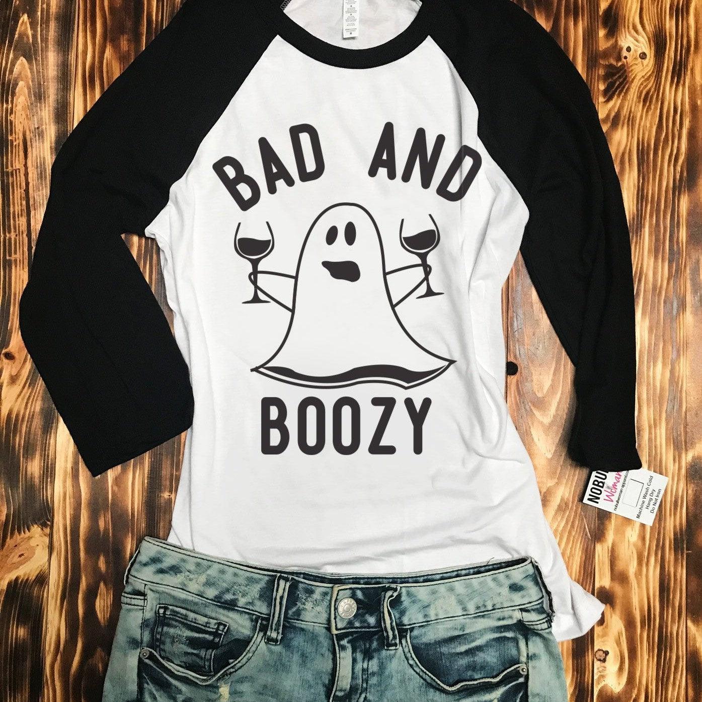 BAD & BOOZY Ghost Glasses Halloween Baseball Tee -