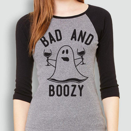 BAD & BOOZY Ghost Glasses Halloween Baseball Tee -
