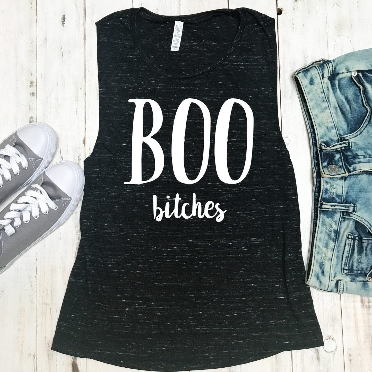 BOO B*tches Halloween Black Marble Muscle Tank Top