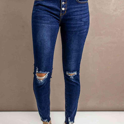 Baeful Distressed Button Fly Skinny Jeans