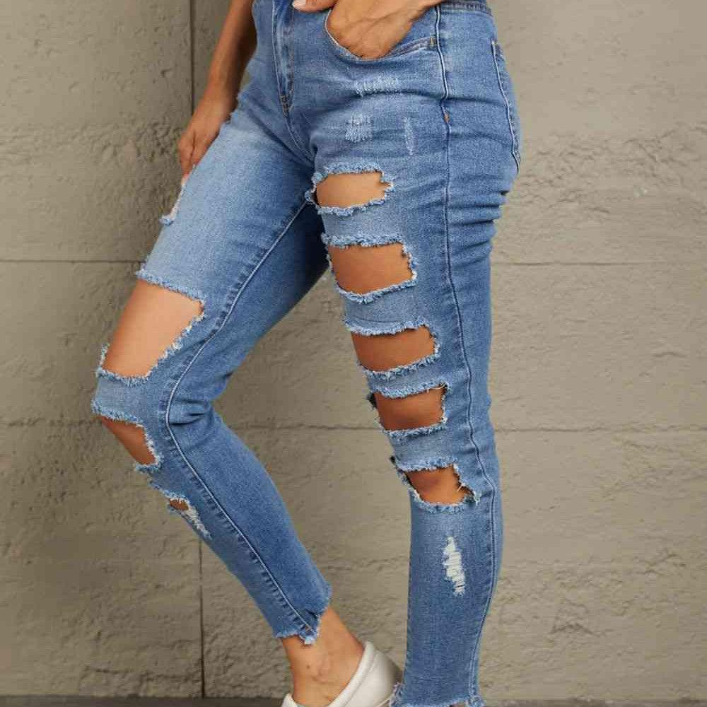 Baeful Distressed Raw Hem Skinny Jeans