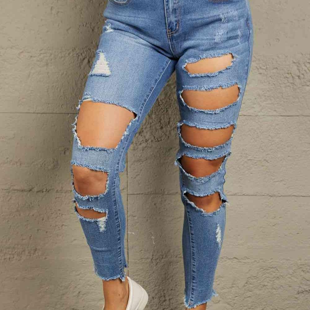 Baeful Distressed Raw Hem Skinny Jeans