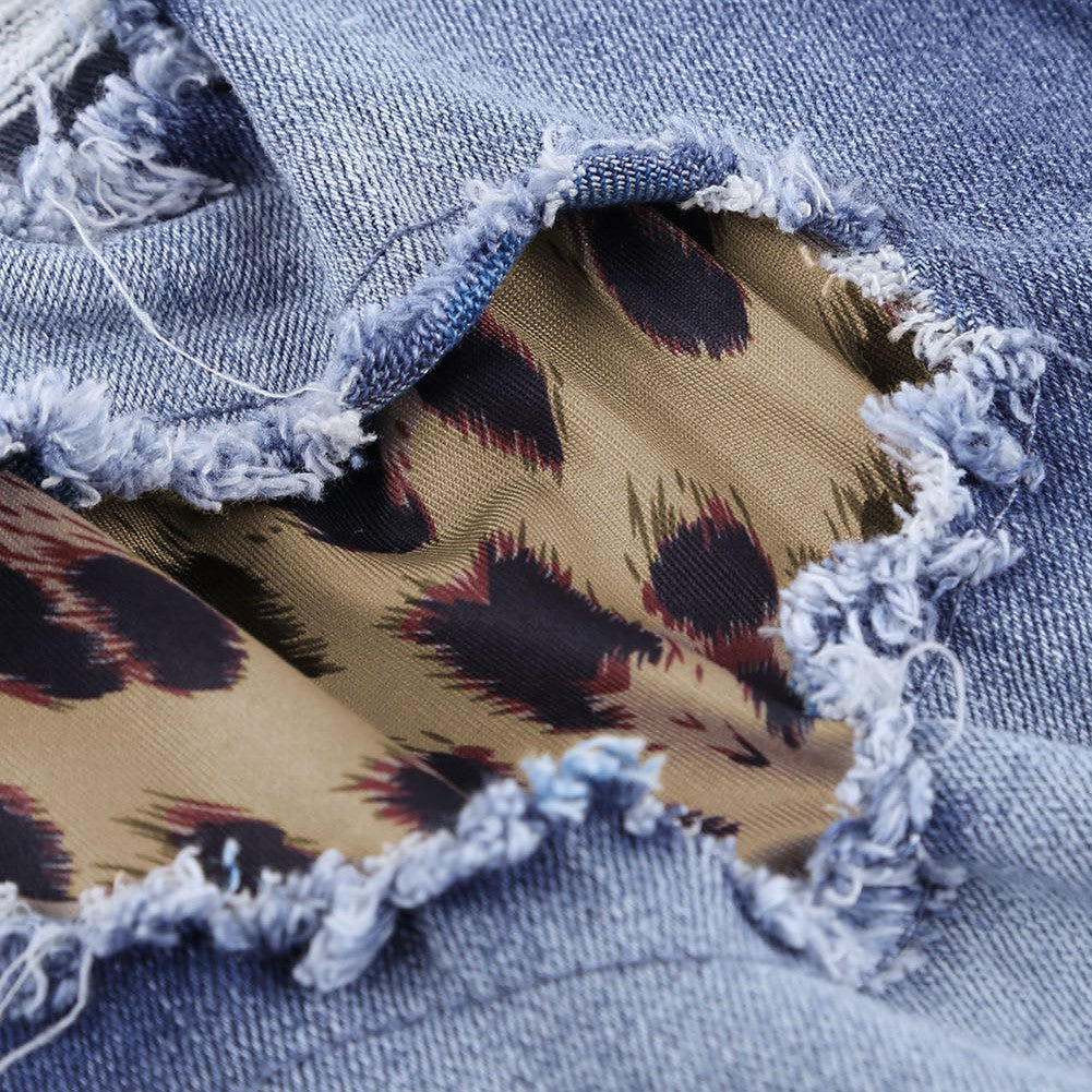 Baeful Leopard Patchwork Distressed Jeans