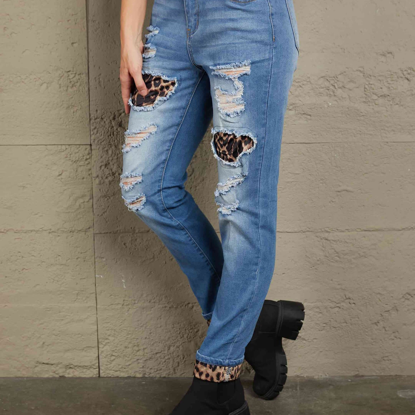 Baeful Leopard Patchwork Distressed Jeans