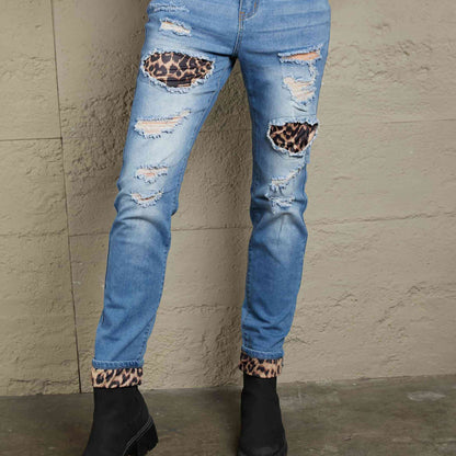 Baeful Leopard Patchwork Distressed Jeans