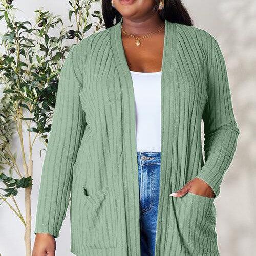 Basic Bae Full Size Ribbed Open Front Cardigan with Pockets