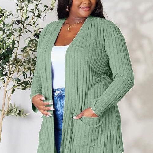 Basic Bae Full Size Ribbed Open Front Cardigan with Pockets