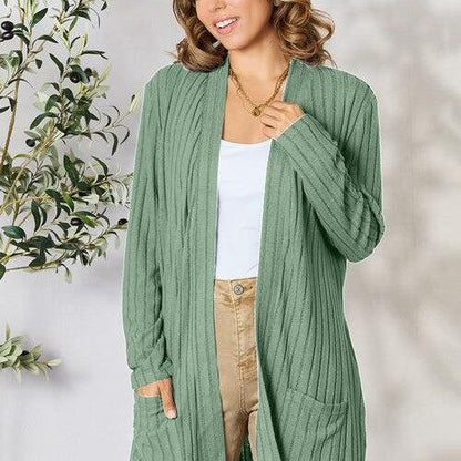 Basic Bae Full Size Ribbed Open Front Cardigan with Pockets