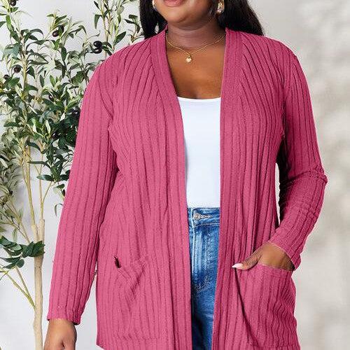 Basic Bae Full Size Ribbed Open Front Cardigan with Pockets