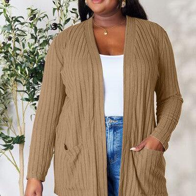 Basic Bae Full Size Ribbed Open Front Cardigan with Pockets