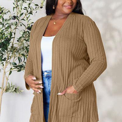 Basic Bae Full Size Ribbed Open Front Cardigan with Pockets