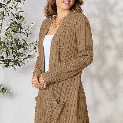 Basic Bae Full Size Ribbed Open Front Cardigan with Pockets