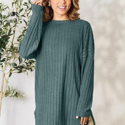 Basic Bae Full Size Ribbed Round Neck Long Sleeve Slit Top