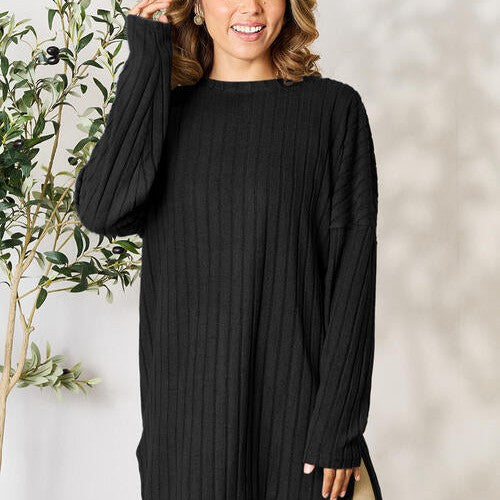 Basic Bae Full Size Ribbed Round Neck Long Sleeve Slit Top