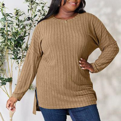 Basic Bae Full Size Ribbed Round Neck Long Sleeve Slit Top