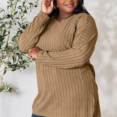 Basic Bae Full Size Ribbed Round Neck Long Sleeve Slit Top