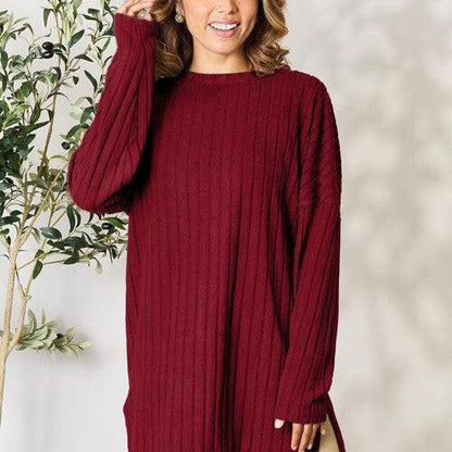 Basic Bae Full Size Ribbed Round Neck Long Sleeve Slit Top