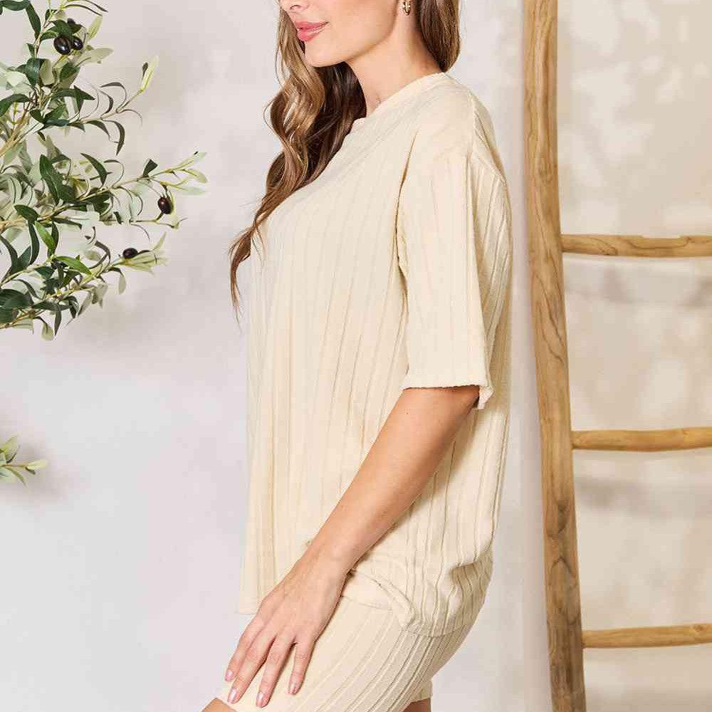 Basic Bae Ribbed Round Neck Top and Shorts Lounge Set