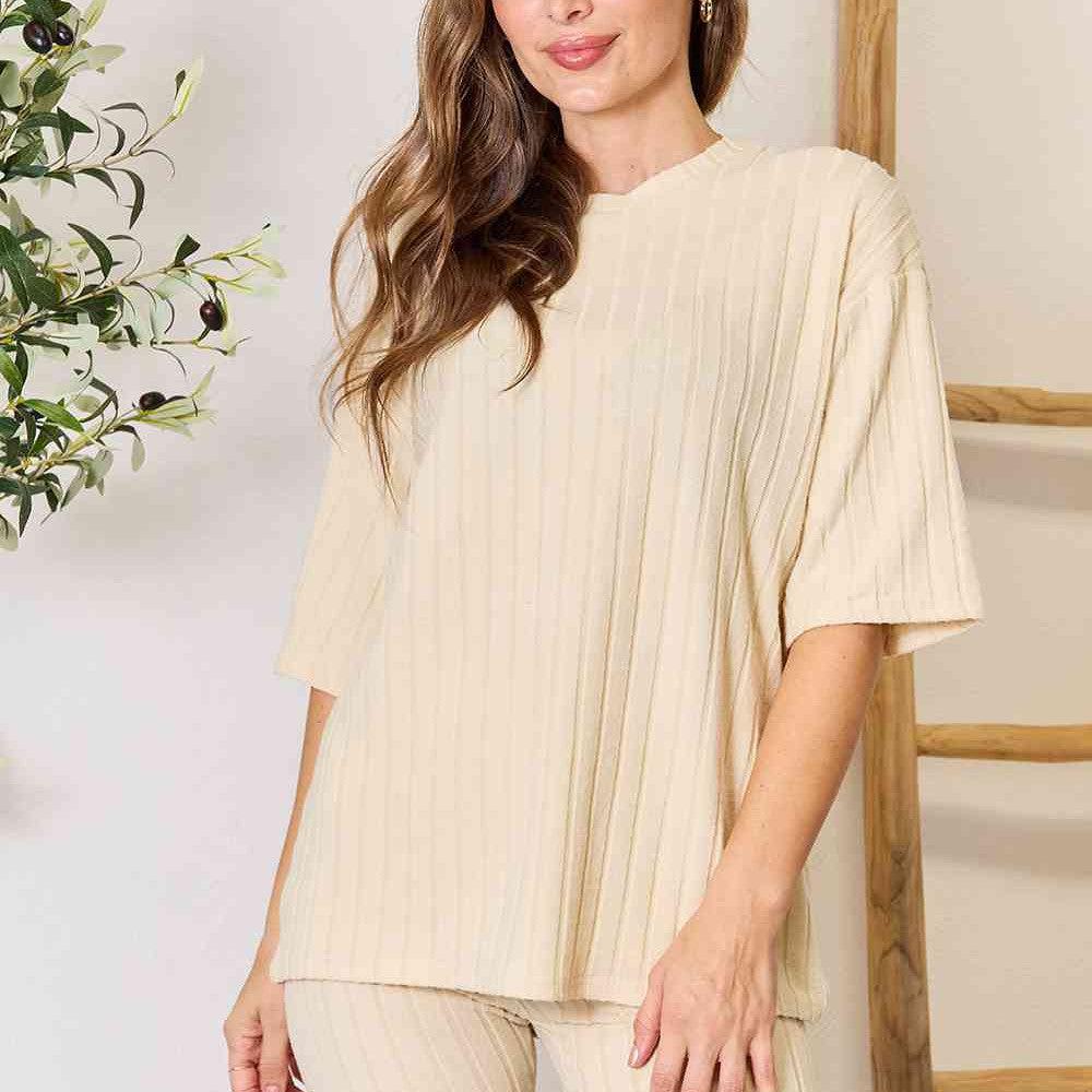 Basic Bae Ribbed Round Neck Top and Shorts Lounge Set