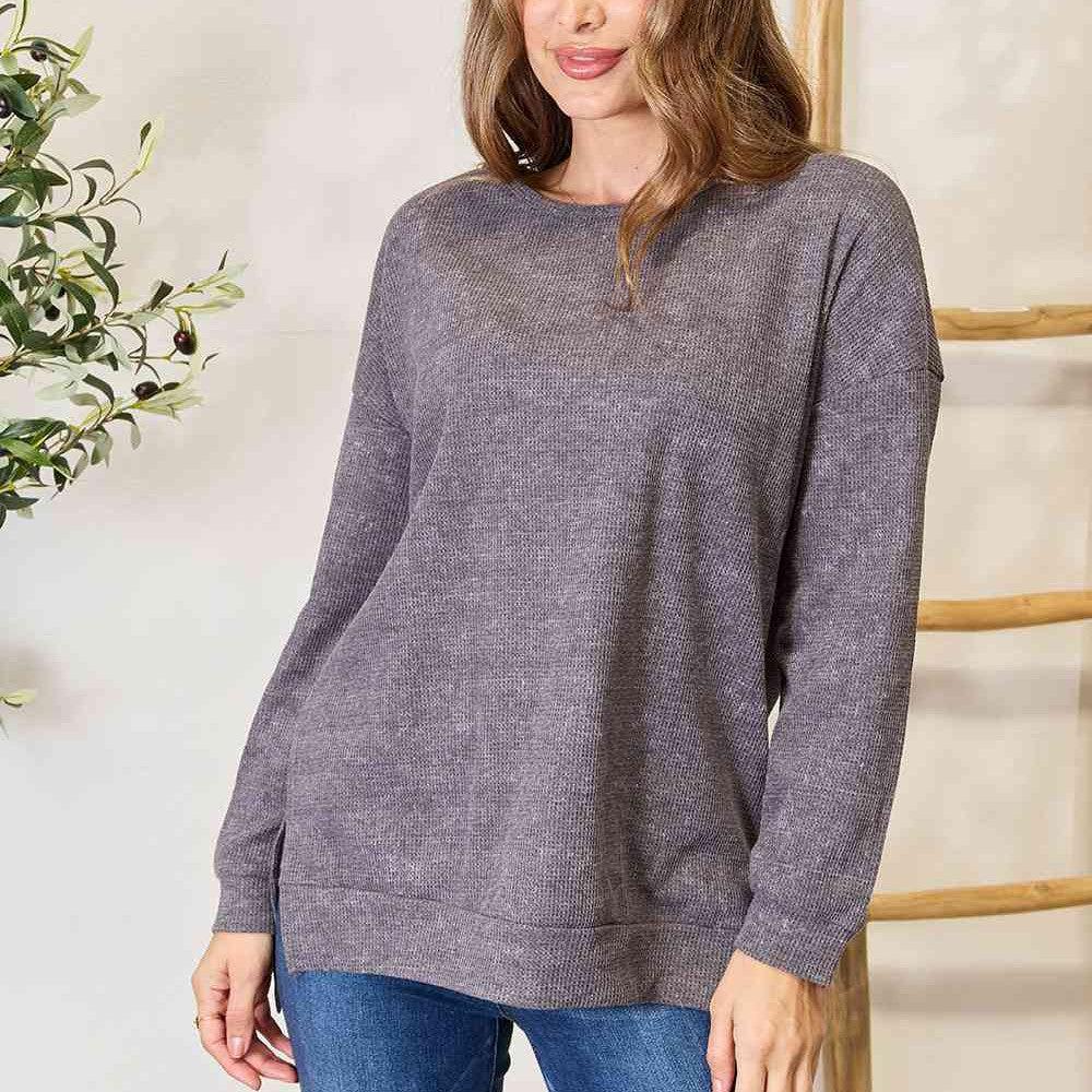 Basic Bae Round Neck Drop Shoulder Slit Sweatshirt