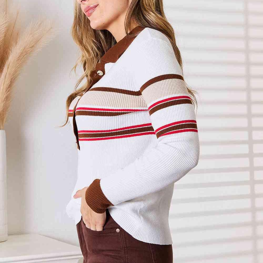 Basic Bae Striped Collared Neck Rib-Knit Top