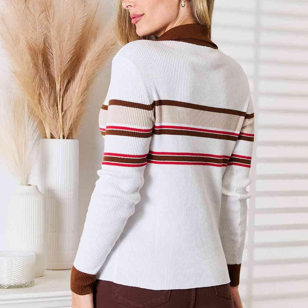 Basic Bae Striped Collared Neck Rib-Knit Top