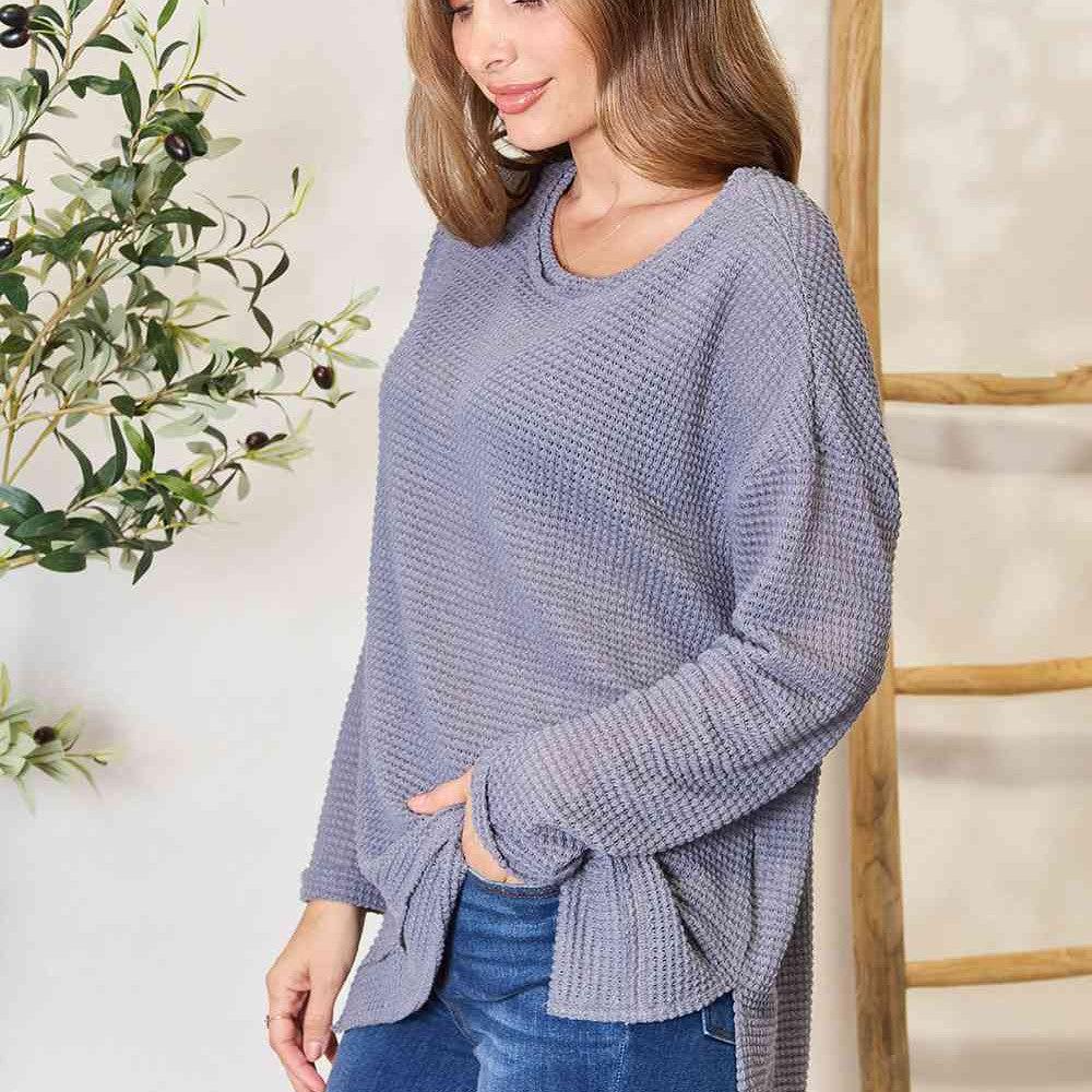 Basic Bae Waffle-Knit Round Neck Long Sleeve Slit Sweatshirt