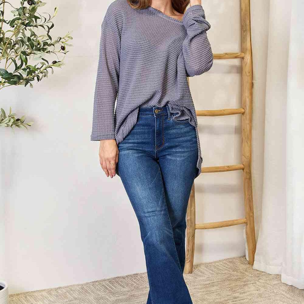 Basic Bae Waffle-Knit Round Neck Long Sleeve Slit Sweatshirt