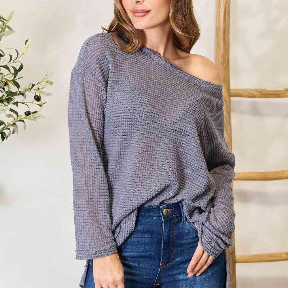 Basic Bae Waffle-Knit Round Neck Long Sleeve Slit Sweatshirt