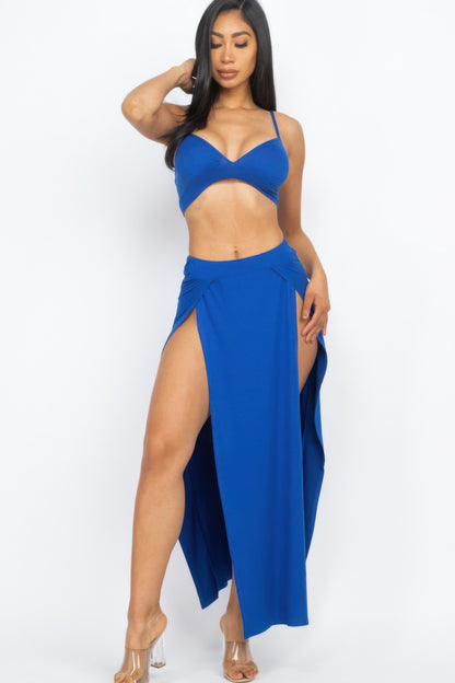 Bra Top & Side Slit Maxi Skirt Blue