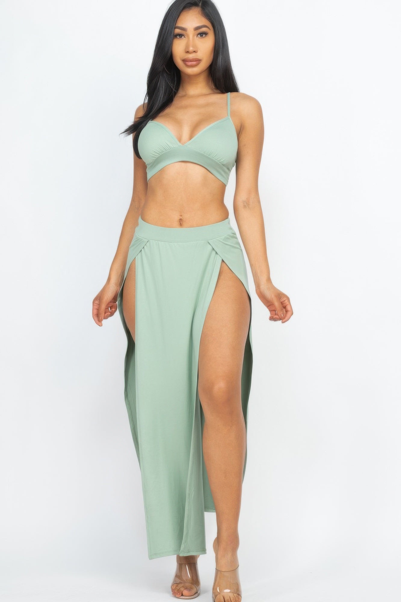 Bra Top & Side Slit Maxi Skirt Green Bay