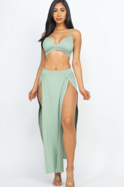 Bra Top & Side Slit Maxi Skirt Green Bay