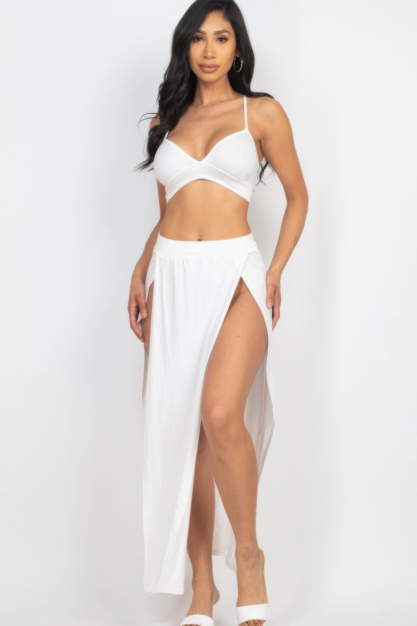 Bra Top & Side Slit Maxi Skirt White