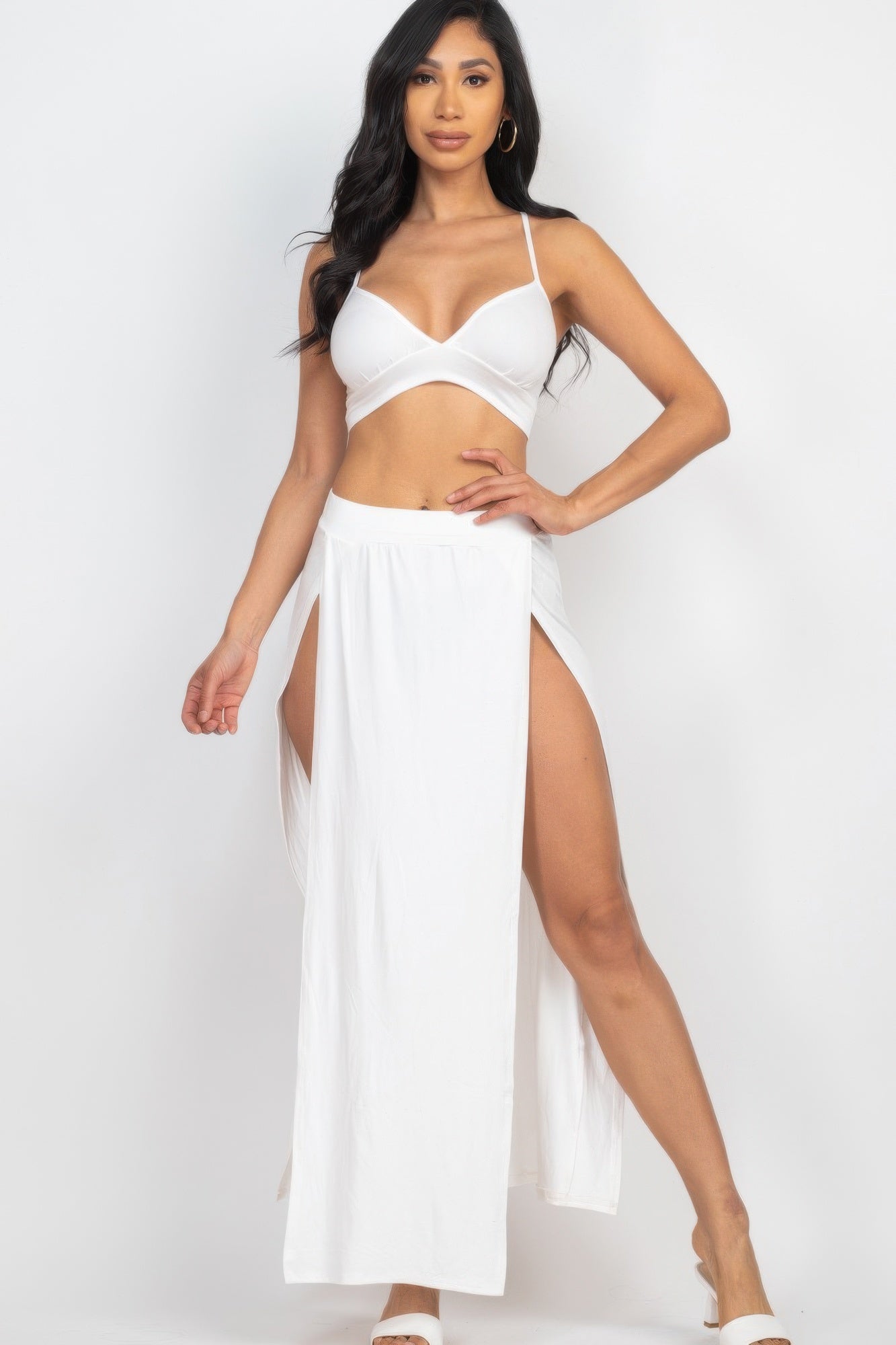 Bra Top & Side Slit Maxi Skirt White 2