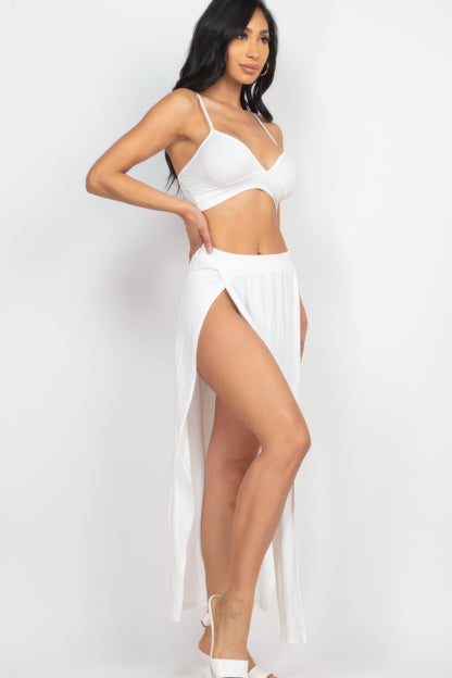 Bra Top & Side Slit Maxi Skirt White 3