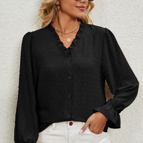 Button Up Flounce Sleeve V-Neck Shirt