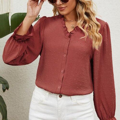 Button Up Flounce Sleeve V-Neck Shirt