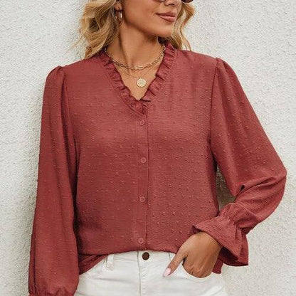 Button Up Flounce Sleeve V-Neck Shirt