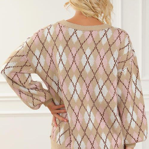 Button Up Geometric Dropped Shoulder Cardigan