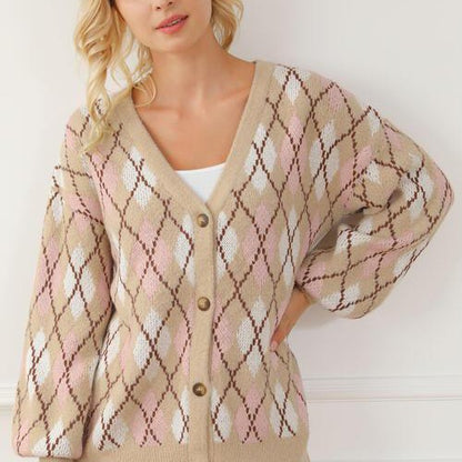 Button Up Geometric Dropped Shoulder Cardigan