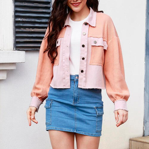 Button Up Raw Hem Long Sleeve Jacket