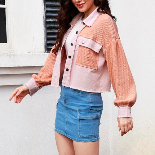 Button Up Raw Hem Long Sleeve Jacket