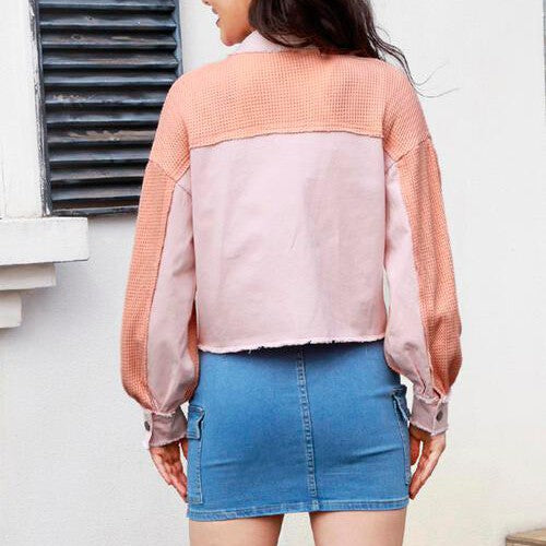 Button Up Raw Hem Long Sleeve Jacket